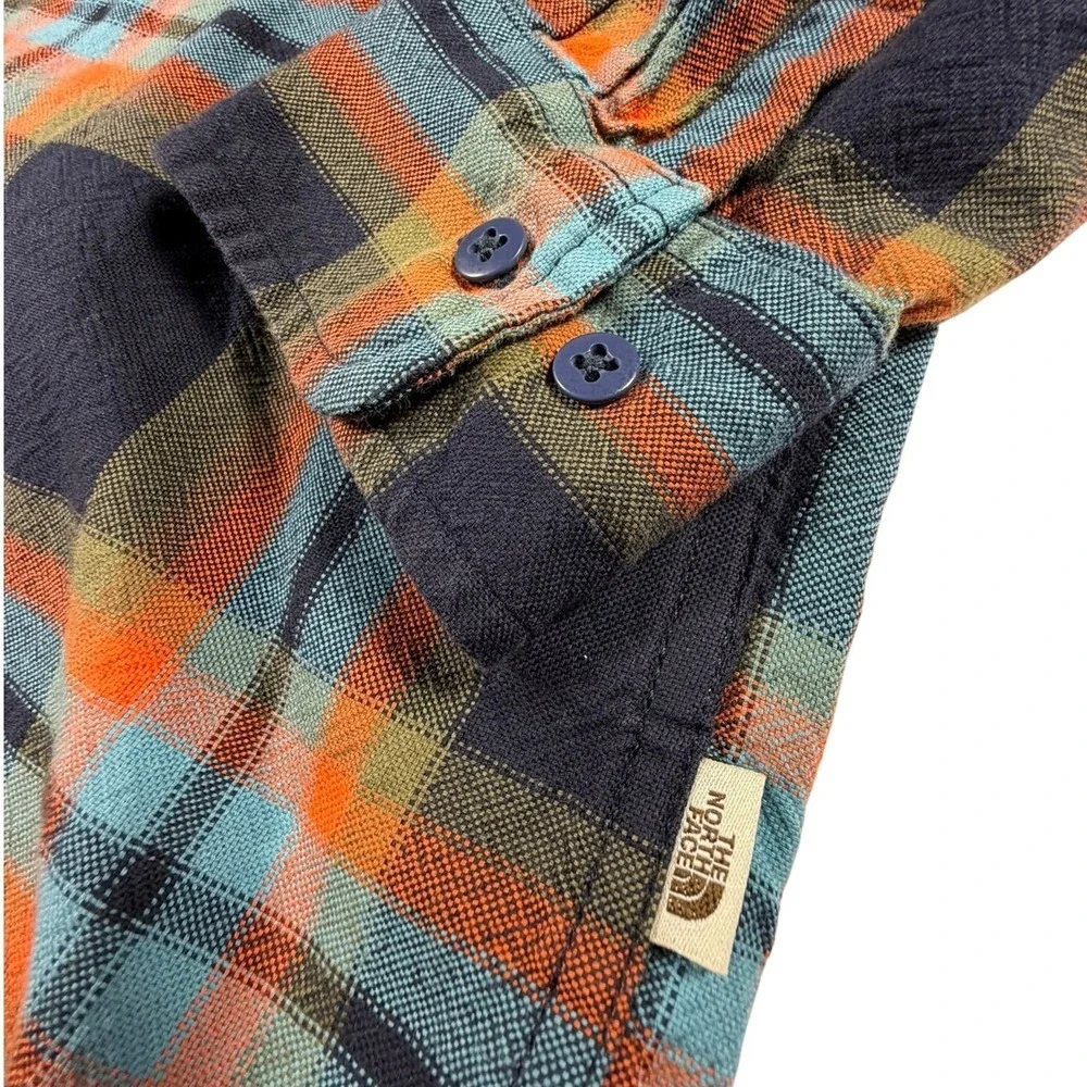 The North Face Mens L Orange/Navy Blue Plaid 100% Cotton Flannel Long Sleeve